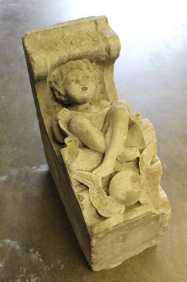 Lot 1309 - Historic Arts & Crafts carved stone corbel decorated with angelic figure 
rescued from C. R. Ashbee’s house, Cheyne Walk when 
demolished.