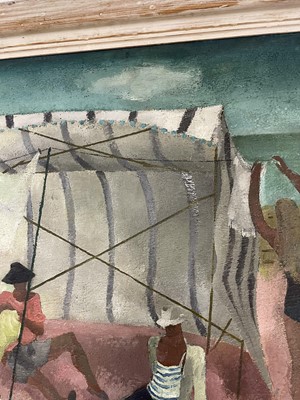 Lot 1133 - *James Fitton (1899-1982) oil on board - ‘The Beach Tent, Swanage’, c.1933, with exhibition catalogues
