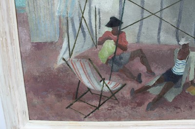 Lot 1133 - *James Fitton (1899-1982) oil on board - ‘The Beach Tent, Swanage’, c.1933, with exhibition catalogues