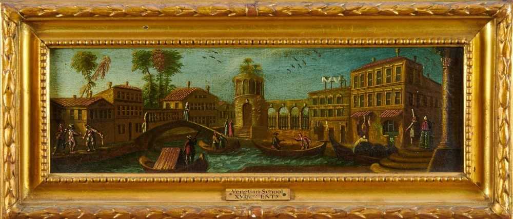 Lot 1173 - Venetian school, 17th century, pair of oils on canvas - canal scene with 
harlequins and horsemen at a bridge, both 37cm x 11cm in gilt frames (2)