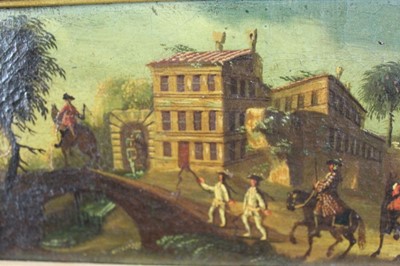 Lot 1173 - Venetian school, 17th century, pair of oils on canvas - canal scene with 
harlequins and horsemen at a bridge, both 37cm x 11cm in gilt frames (2)