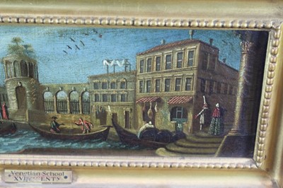 Lot 1173 - Venetian school, 17th century, pair of oils on canvas - canal scene with 
harlequins and horsemen at a bridge, both 37cm x 11cm in gilt frames (2)