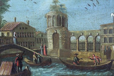 Lot 1173 - Venetian school, 17th century, pair of oils on canvas - canal scene with 
harlequins and horsemen at a bridge, both 37cm x 11cm in gilt frames (2)