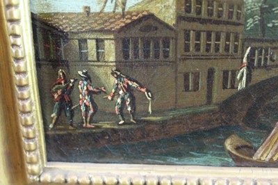 Lot 1173 - Venetian school, 17th century, pair of oils on canvas - canal scene with 
harlequins and horsemen at a bridge, both 37cm x 11cm in gilt frames (2)