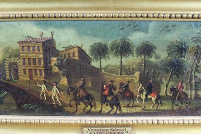 Lot 1173 - Venetian school, 17th century, pair of oils on canvas - canal scene with 
harlequins and horsemen at a bridge, both 37cm x 11cm in gilt frames (2)