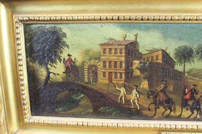 Lot 1173 - Venetian school, 17th century, pair of oils on canvas - canal scene with 
harlequins and horsemen at a bridge, both 37cm x 11cm in gilt frames (2)