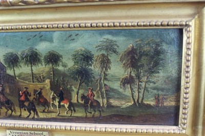 Lot 1173 - Venetian school, 17th century, pair of oils on canvas - canal scene with 
harlequins and horsemen at a bridge, both 37cm x 11cm in gilt frames (2)