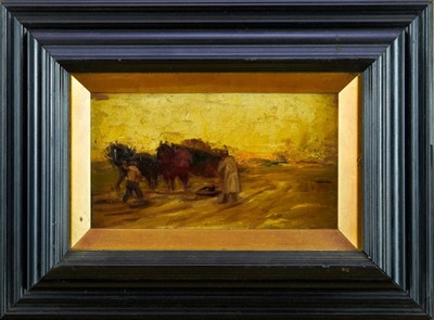 Lot 1172 - Post impressionist oil on board - plough team, 17.5cm x 9.5cm in ebonised frame