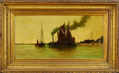 Lot 1235 - Leslie Thomson (1851-1929) oil on panel - barges, signed, 60cm x 30cm in gilt frame