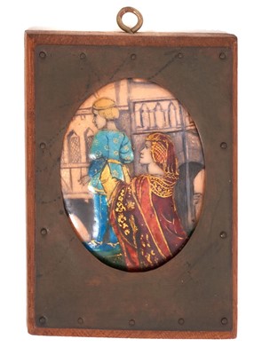 Lot 738 - Circle of Pheobe Anna Traquair  (1852-1936)  enamelled plaque, mediaeval figures 
in metalwork frame.