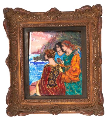 Lot 736 - Circle of Pheobe Anna Traquair (1852-1936) enamelled plaque, mediaeval figural 
group, in metalwork frame.