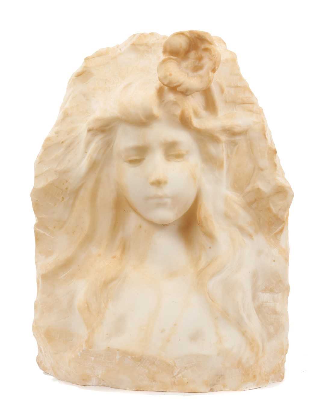 Lot 722 - Art Nouveau carved marble head of a girl with a flower in her hair