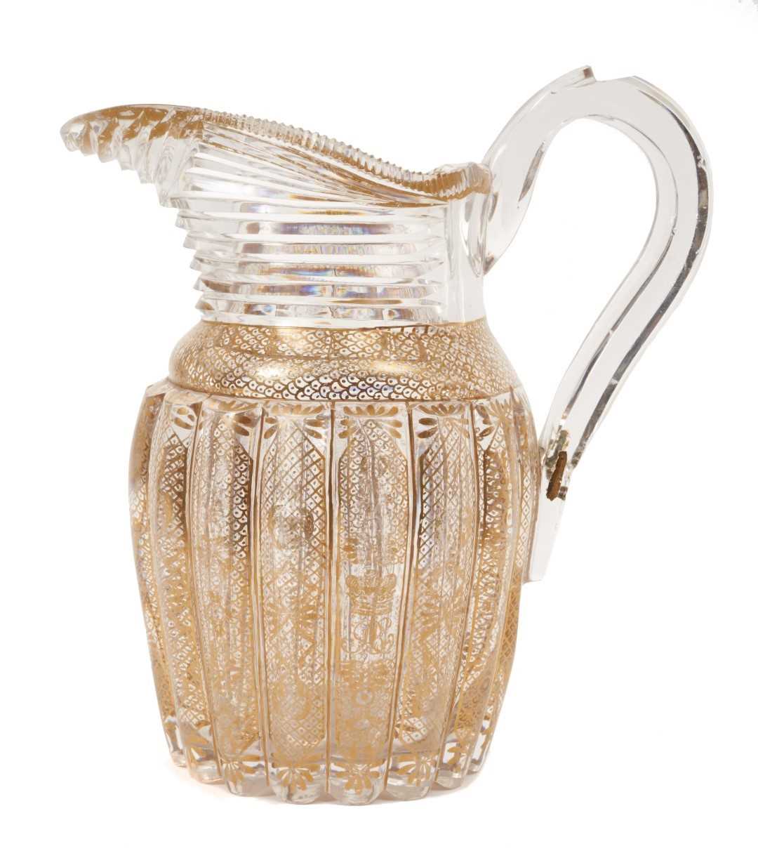 Lot 15 - Fine George IV Irish cut glass and gilt decorated armorial water jug