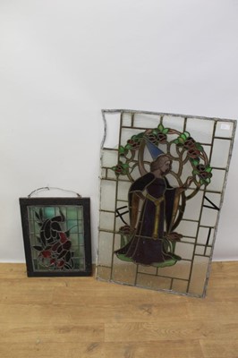 Lot 1334 - Early 20th century stained glass with mediaeval figure and another 
with parrot.