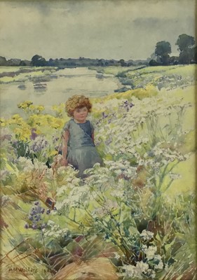 Lot 61 - A M Walters (early 20th century) watercolour - girl beside a river, 24cm x 35cm in glazed frame