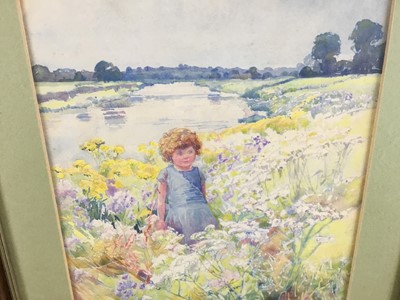Lot 61 - A M Walters (early 20th century) watercolour - girl beside a river, 24cm x 35cm in glazed frame