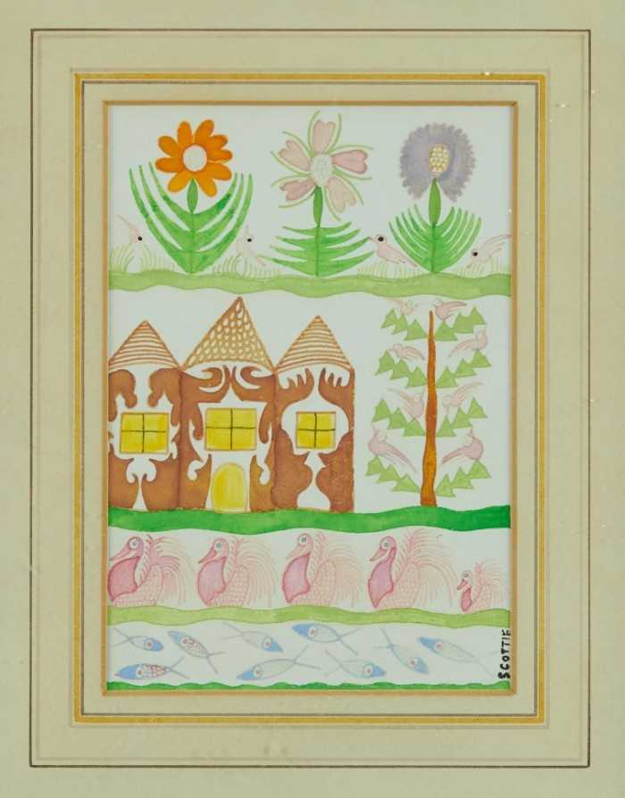 Lot 186 - *Scottie Wilson (1889 -1972) watercolour study depicting flowers, buildings, birds and fish