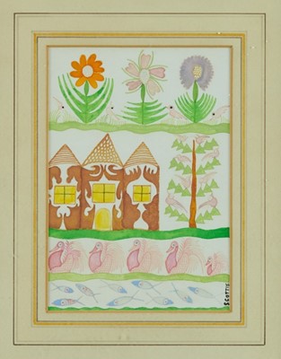 Lot 186 - *Scottie Wilson (1889 -1972) watercolour study depicting flowers, buildings, birds and fish