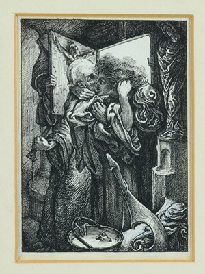 Lot 1180 - Pre-Raphaelite pen and ink illustration signed I.H. - monk at door, 10cm x 14cm mounted in glazed frame