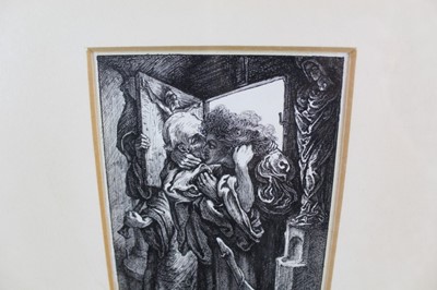 Lot 1180 - Pre-Raphaelite pen and ink illustration signed I.H. - monk at door, 10cm x 14cm mounted in glazed frame