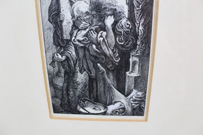 Lot 1180 - Pre-Raphaelite pen and ink illustration signed I.H. - monk at door, 10cm x 14cm mounted in glazed frame