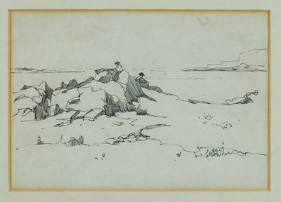 Lot 1214 - Jessie Marion King (1875-1949) pen and ink study- figures on rocks by the sea, unsigned, in glazed frame