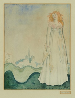 Lot 1178 - John Austen (1886-1948) watercolour - figure before a town, signed, 17cm x 22cm, mounted in glazed frame