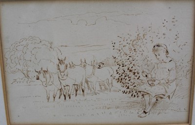 Lot 1190 - Randolph Caldecott (1846-1886) pen and ink illustration for the Farmers Boy, 13cm x 9cm, framed