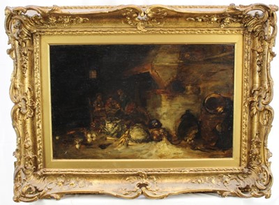 Lot 1212 - 19th century English School, oil on board - figures in a kitchen, 46cm x 29cm in gilt frame