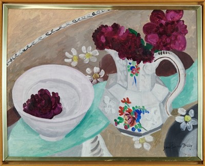 Lot 1141 - *Jane Simone Bussy (1906-1960) oil on canvas - still life study depicting a jug and bowl of flowers