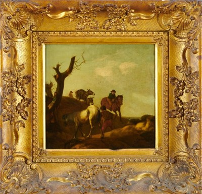 Lot 1120 - Manner of Pieter Wouwerman (1623-1682), oil on panel - figures and cattle, 26cm x 24.5cm, framed