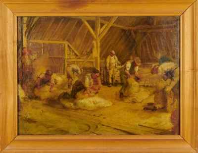 Lot 1167 - Manner of George Clausen (1852–1944), oil on canvas, sheep shearing Great Tey, signed, framed