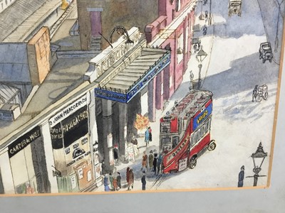 Lot 95 - English School watercolour scene South Kensington with London bus, 25cm x 34cm