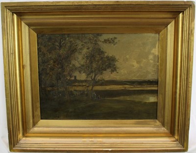 Lot 1216 - Alfred East (1844-1913) oil on canvas - figures seated beside trees with church beyond, signed, in gilt frame