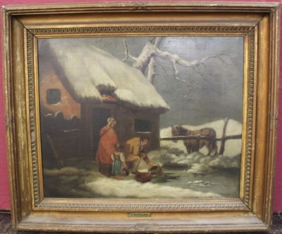 Lot 1125 - After George Morland, oil on canvas - rural scene with figures 
and snow, 55cm x 45cm in gilt frame