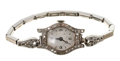 Lot 609 - Art Deco ladies' diamond cocktail watch on associated base-metal and paste-set bracelet