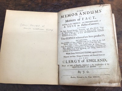 Lot 878 - John Oswald (Vicar of Much Hadham) - Some Memorandums of fact, relating to the original and preliminaries of a Suit in Doctors-Commons, Between Sir Hugh Everard Baronet, Promoter, and John Oswald,...