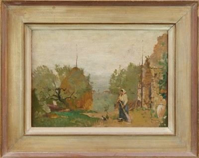 Lot 1123 - J Kerr Lawson (1862-1939) oil on panel - figure and chickens, 46cm x 33cm, framed