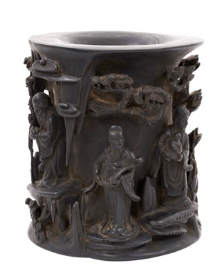 Lot 855 - Finely carved Chinese hardwood brush pot, 18th/19th century, carved in high relief with immortals and landscapes