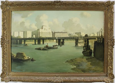 Lot 1210 - Bertram Nicolls (1883-1974) oil on canvas - Shell Mex House river view with bridge, signed, in gilt frame