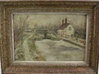 Lot 1122 - Elinor Bellingham Smith (1906-1988), oil on panel - 'Lock Keeper's Cottage', 45.5cm x 30cm, Exhibition label dated 1948 verso, framed