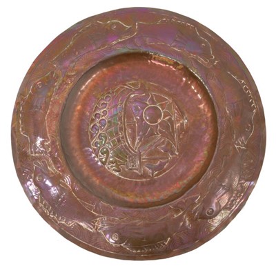 Lot 721 - Fine late 19th/early 20th century Newlyn copper embossed charger in the manner of John Pearson 
but unsigned.