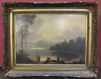 Lot 1130 - 19th century oil on panel - Figures before a lake, 51.5cm x 37cm, framed