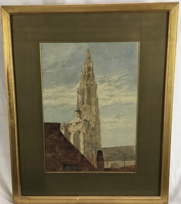 Lot 79 - 19th century watercolour - Continental cathedral spire, 23cm x 32cm in glazed frame