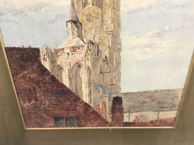 Lot 79 - 19th century watercolour - Continental cathedral spire, 23cm x 32cm in glazed frame