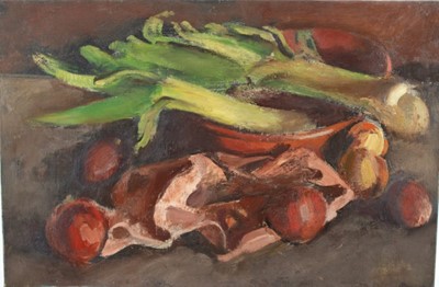 Lot 1147 - Bernard Meninsky (1891-1950) oil on canvas still life study- onions and leeks