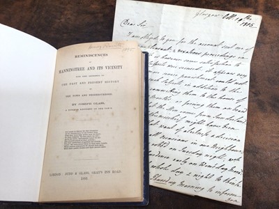 Lot 895 - Manningtree interest: Joseph Glass - Reminiscences of Manningtree and it's Vicinity, 1855, original cloth binding together with a hand written letter from F H Rigby (at Misley Thorn) to Mr Ambrose...