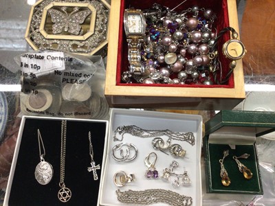 Lot 1123 - Group of costume jewellery, two wristwatches, silver pendants on chains, earrings and coins