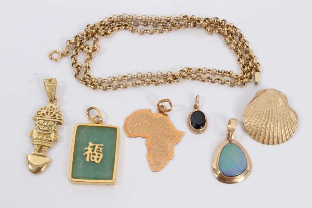 Lot 152 - Group gold pendants and 9ct gold chain, 51cm long
