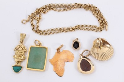 Lot 152 - Group gold pendants and 9ct gold chain, 51cm long